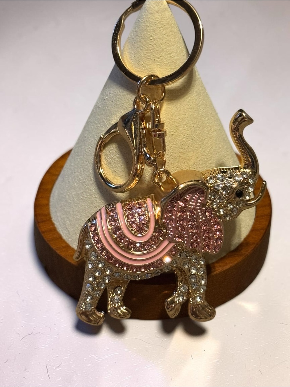 Gold Elephant Keychain with Pink Crystal Accents NIP